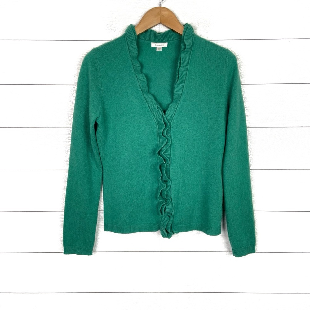 Garnet Hill Teal Green Ruffle-Trim Cashmere Cardigan
